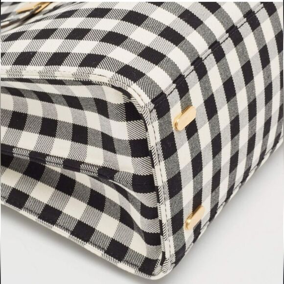 🐢 Tory Burch Black/White Checkered Canvas Lee Radziwill Top Handle Bag - Picture 12 of 17